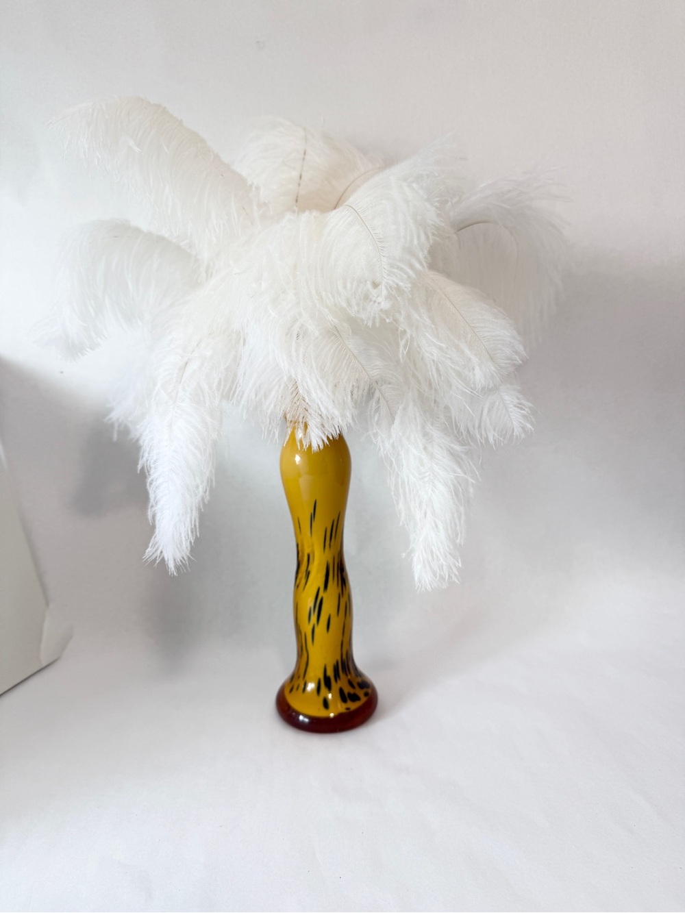 Vintage Murano Style Blown Glass Ruffle Top Tortoise Shell Vase W/Feathers